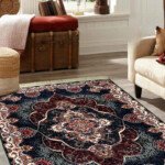 An intricately woven Persian rug, featuring a beautiful floral pattern in rich earthy colors, placed on a hardwood floor.