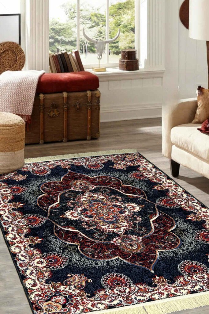 An intricately woven Persian rug, featuring a beautiful floral pattern in rich earthy colors, placed on a hardwood floor.