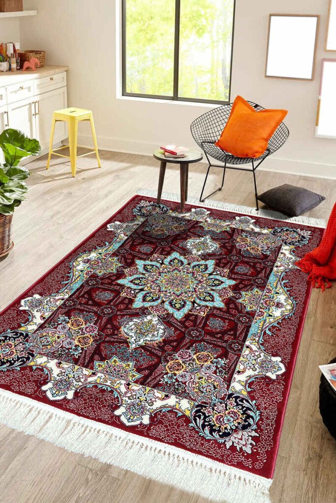 richly colored maroon Persian rug with intricate floral designs
