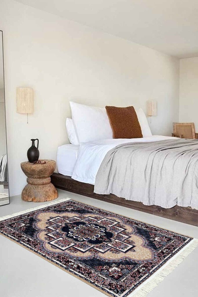 Beige Persian rug with intricate floral patterns and earthy tones, perfect for adding warmth and elegance to any room.