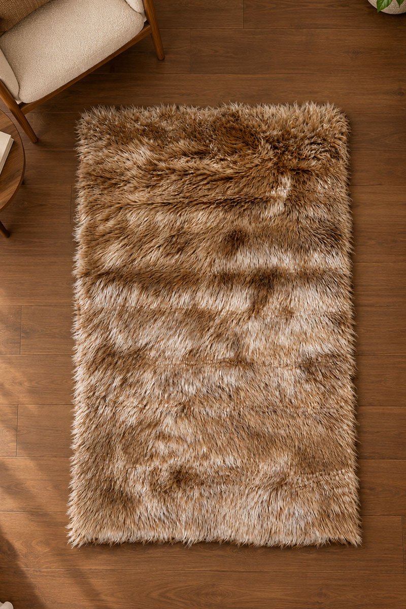 Furr shagy 3x5 rug uy (1) Brown shaggy rug displayed in a modern living room
