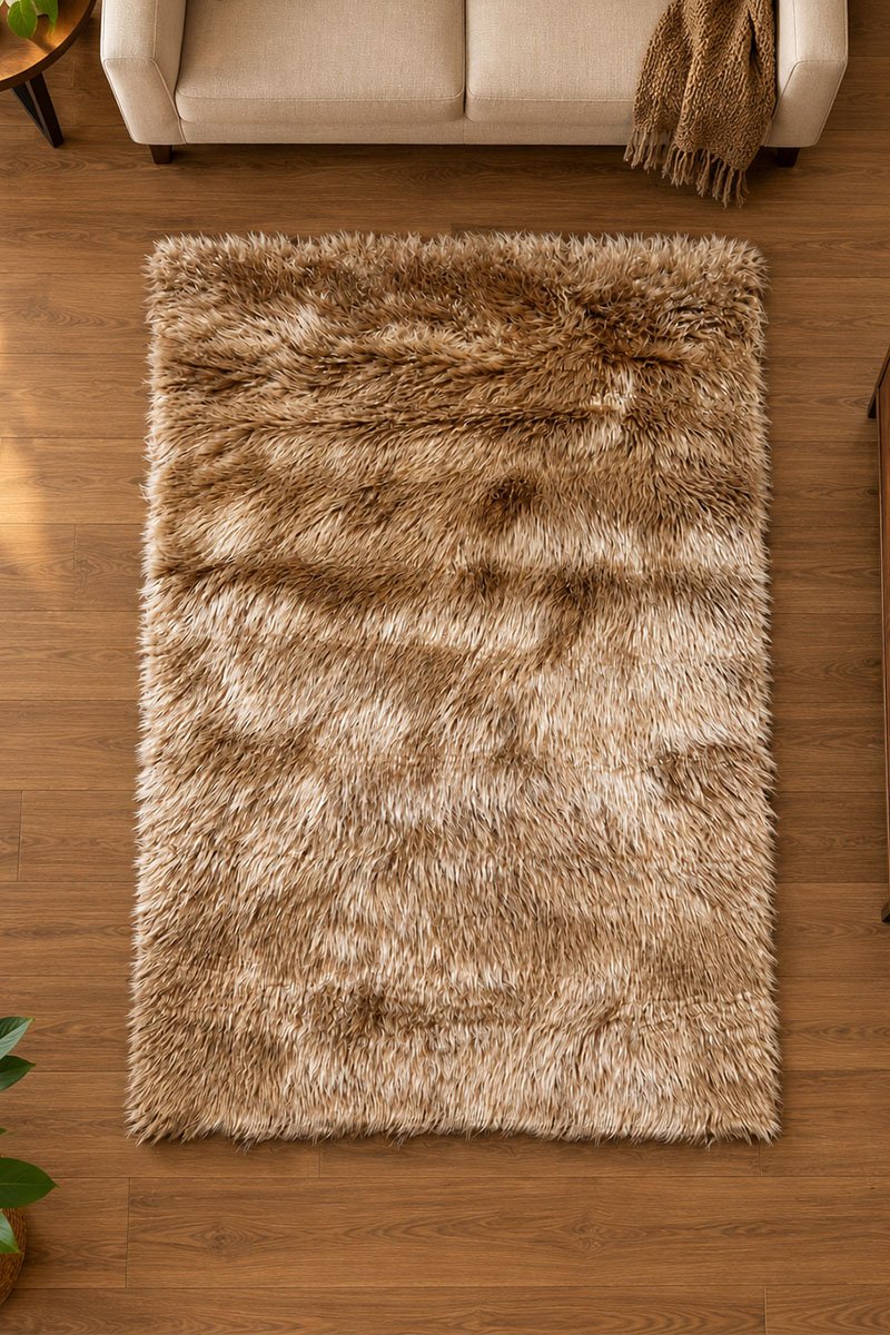 Furr shagy 4x6 rug uq (1) Brown shaggy rug displayed in a modern living room