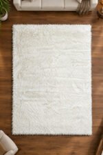 White fluffy shaggy rug for modern bedroom and living room décor