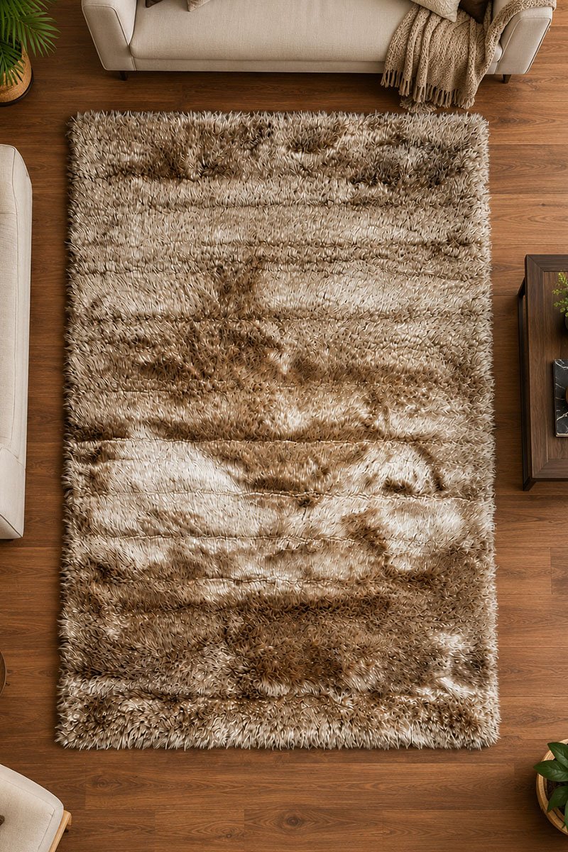 Furr shagy 6x7.5 rug 4a Brown shaggy rug displayed in a modern living room